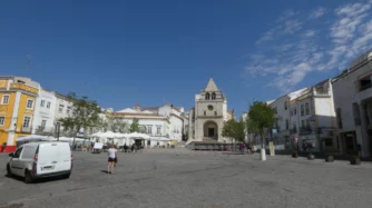 elvas main square fortified unesco city center church blue natural light sky alto-alentejo