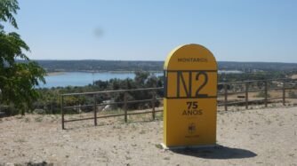 montargil alto alentejo baragem water rota en2 75 anos years yellow marker lake